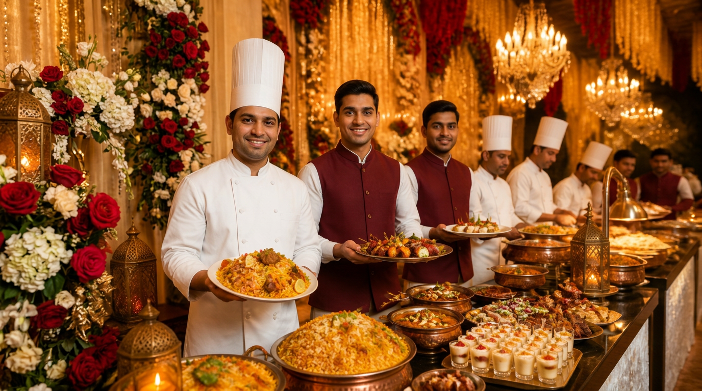 Aadhya catering team presenting a lavish Hyderabadi buffet